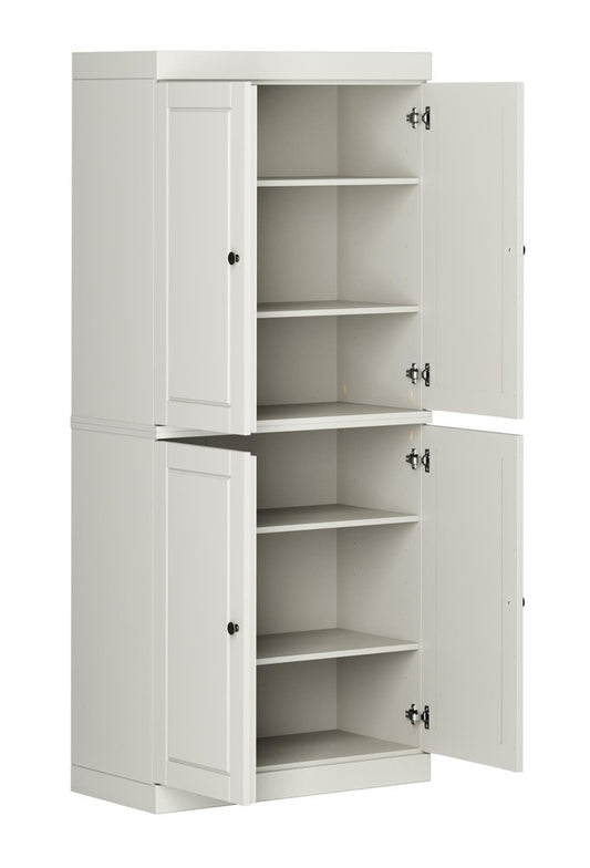 72" Off White Solid Wood Adjustable Six Tier Library Bookcase with Four Doors
