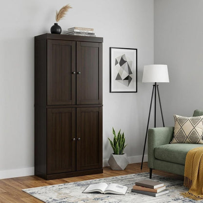 72" Espresso Solid Wood Adjustable Six Tier Library Bookcase with Four Doors HomeRoots
