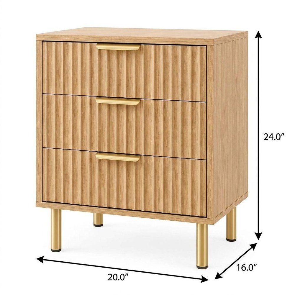 24" Oak Wood Ribbed Texture Three Drawer Nightstand — view 3