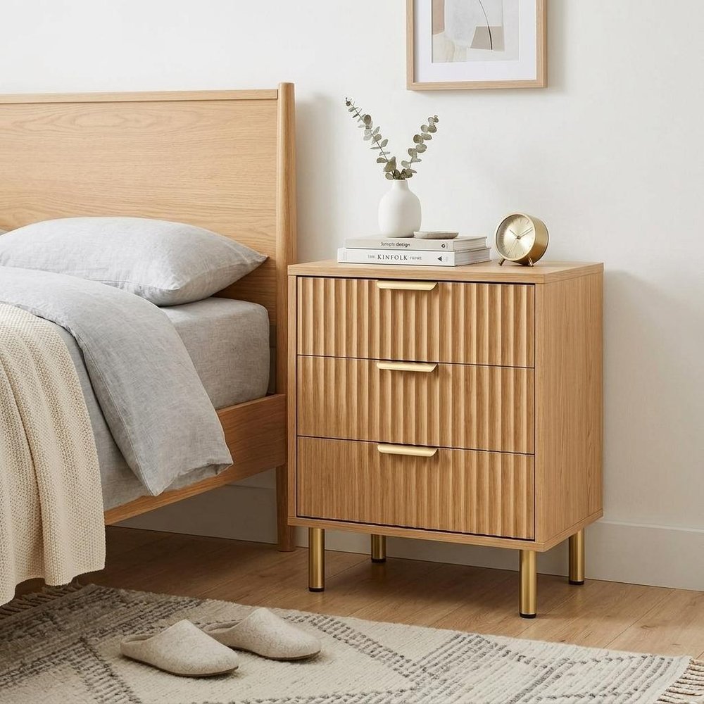 24" Oak Wood Ribbed Texture Three Drawer Nightstand — view 2
