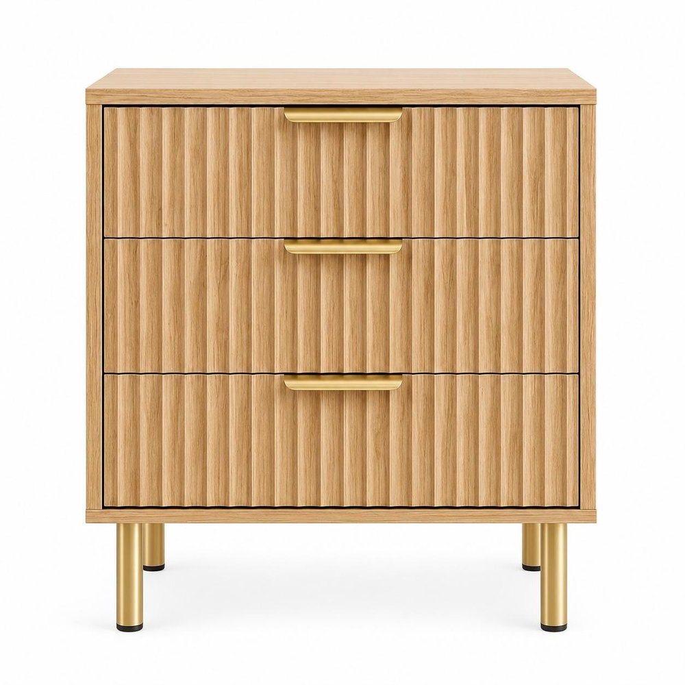 24" Oak Wood Ribbed Texture Three Drawer Nightstand — view 5