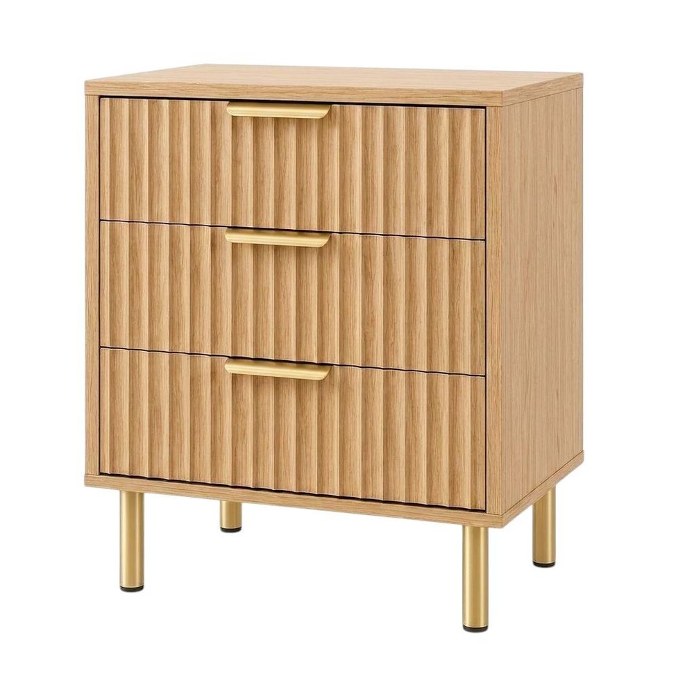 24" Oak Wood Ribbed Texture Three Drawer Nightstand HomeRoots