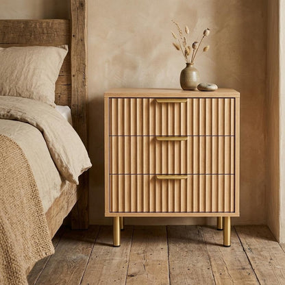 24" Oak Wood Ribbed Texture Three Drawer Nightstand HomeRoots