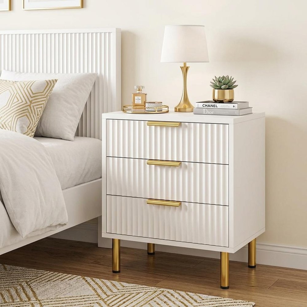 24" Oak Wood Ribbed Texture Three Drawer Nightstand HomeRoots