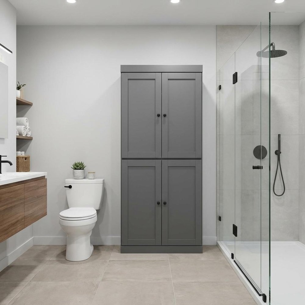 32" Gray Solid Wood Four Door Linen Cabinet HomeRoots