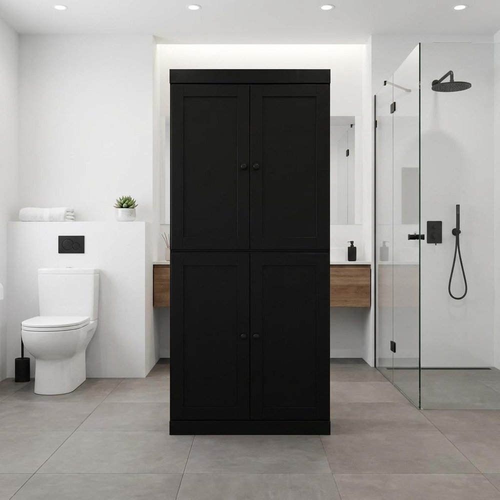 32" Black Solid Wood Four Door Linen Cabinet HomeRoots