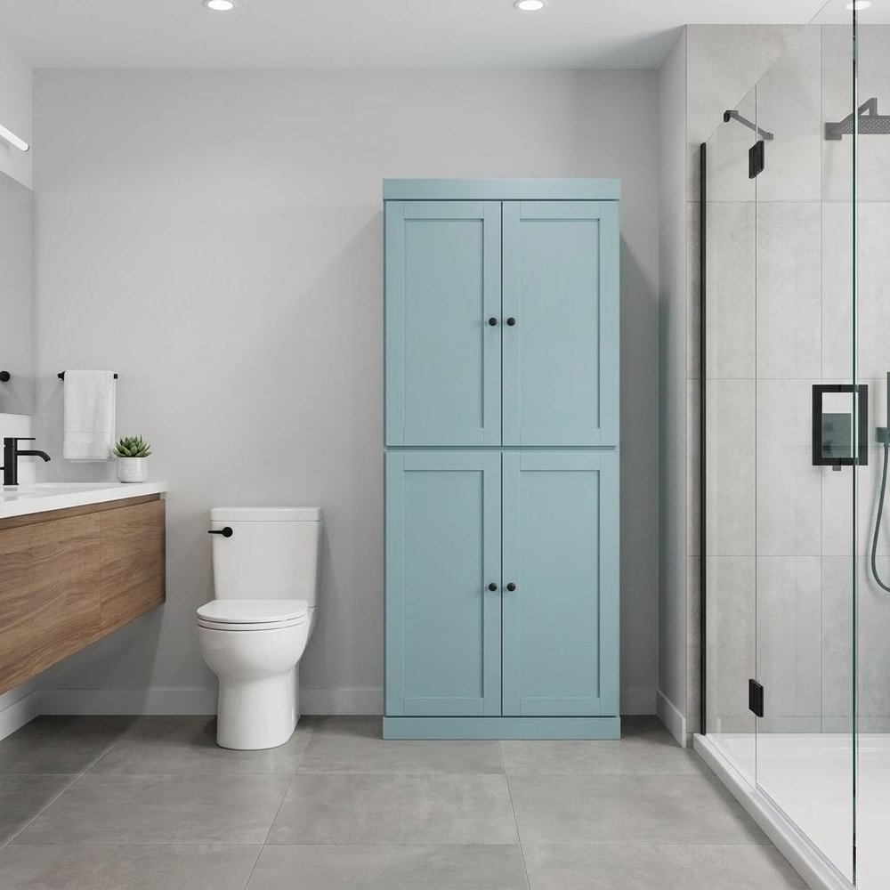 32" Aqua Solid Wood Four Door Linen Cabinet — view 6