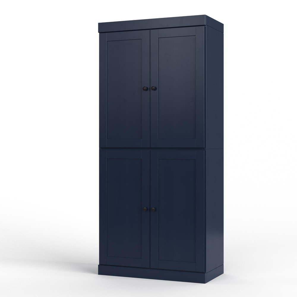 32" Navy Blue Solid Wood Four Door Linen Cabinet HomeRoots