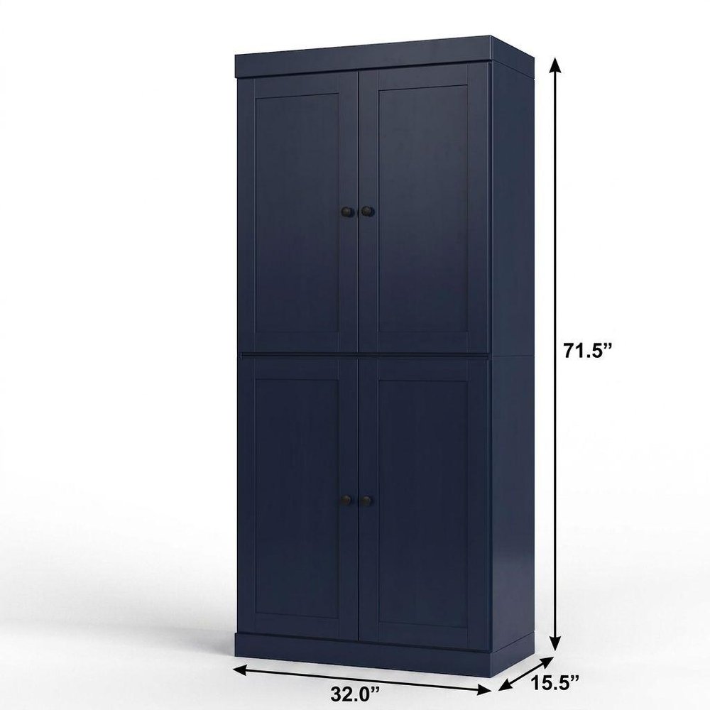 32" Navy Blue Solid Wood Four Door Linen Cabinet HomeRoots