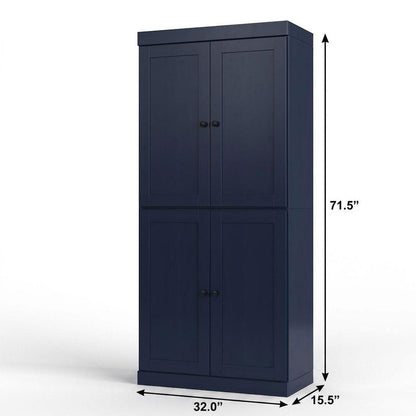 32" Navy Blue Solid Wood Four Door Linen Cabinet HomeRoots