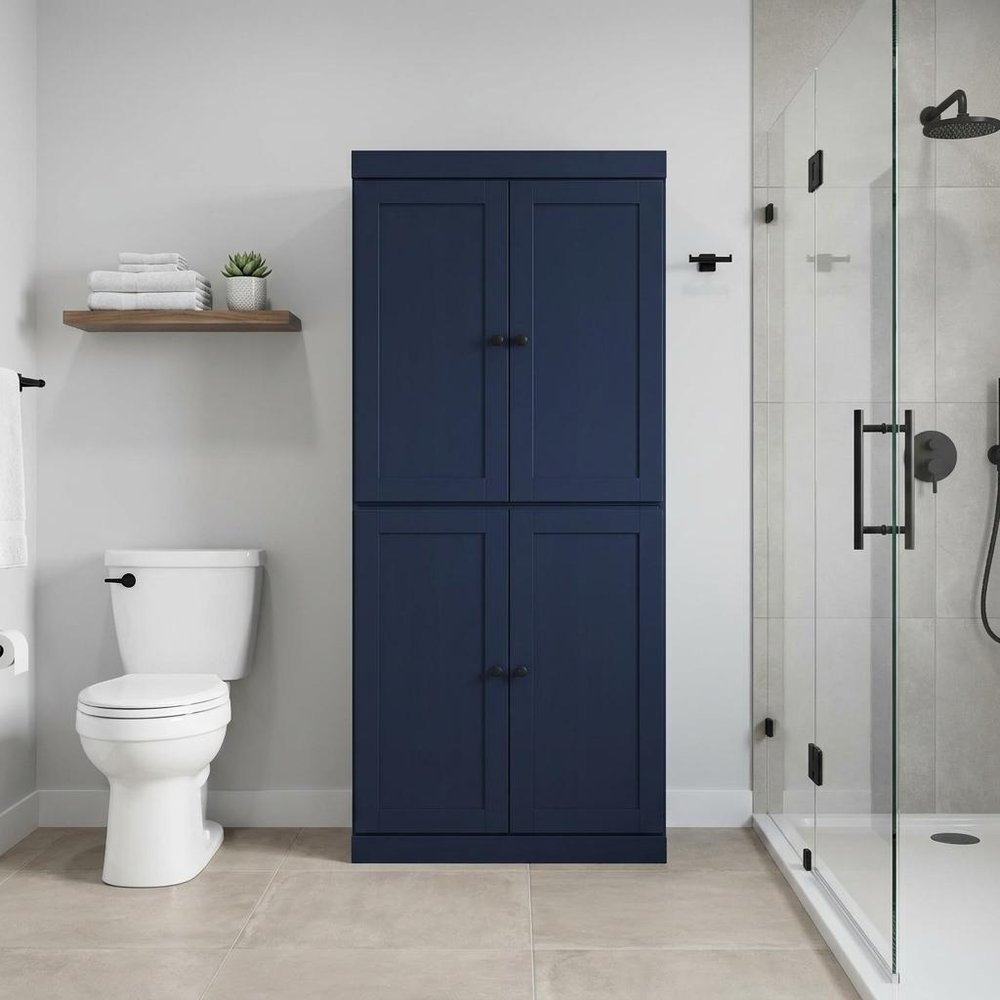 32" Navy Blue Solid Wood Four Door Linen Cabinet HomeRoots