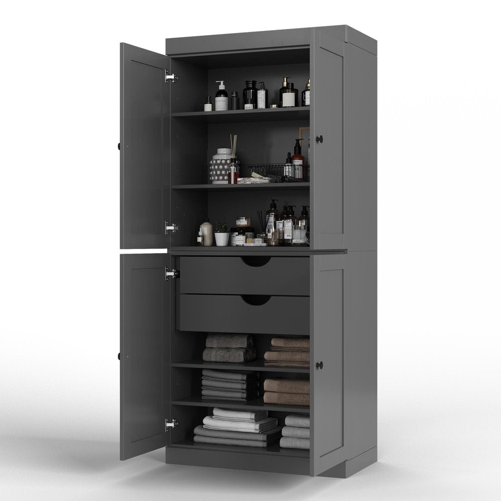 32" Gray Solid Wood Four Door Linen Cabinet HomeRoots