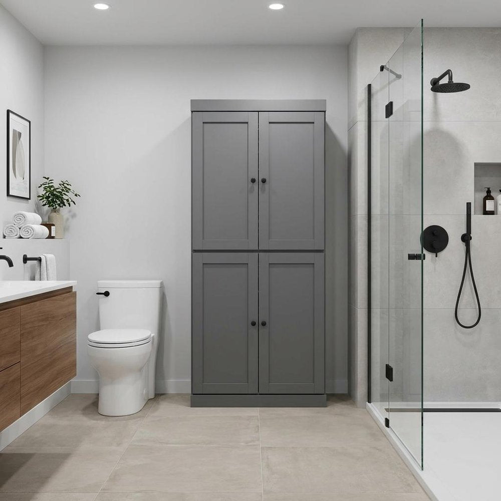 32" Gray Solid Wood Four Door Linen Cabinet HomeRoots