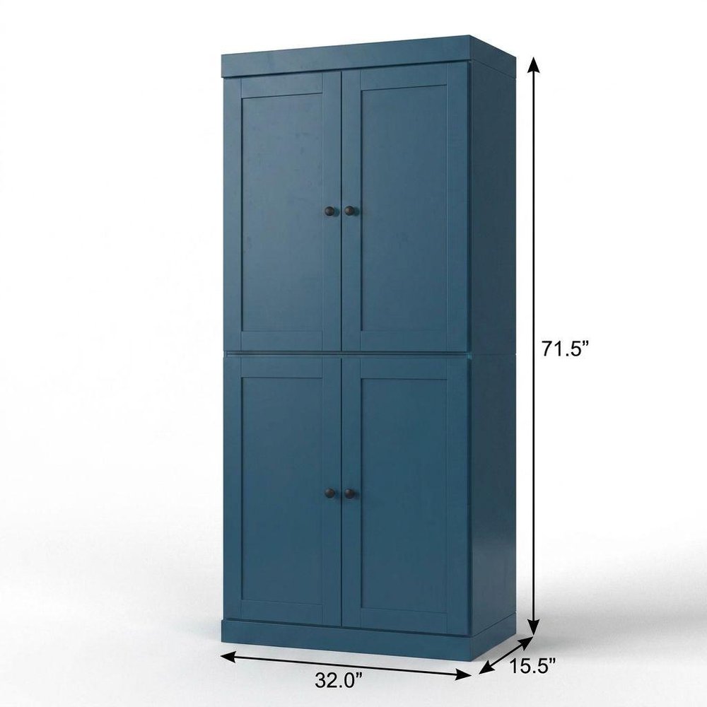 32" Teal Blue Solid Wood Four Door Linen Cabinet HomeRoots