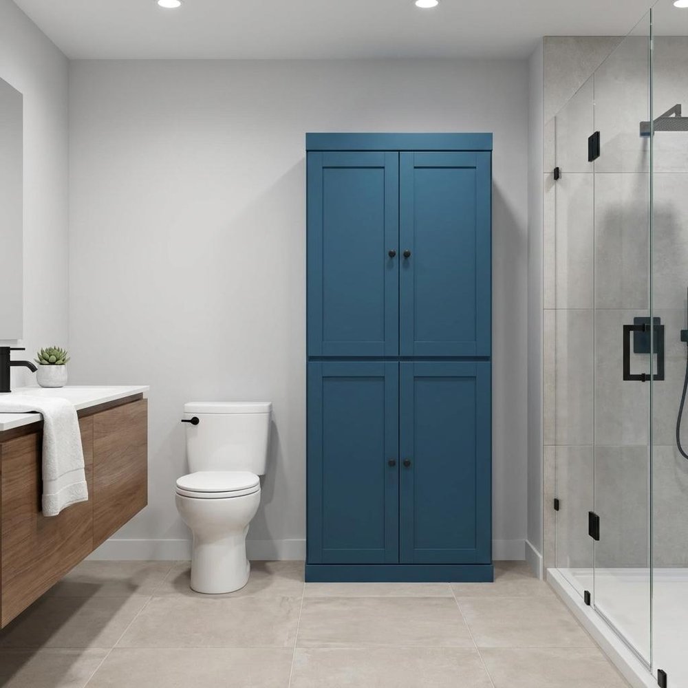 32" Teal Blue Solid Wood Four Door Linen Cabinet — view 5