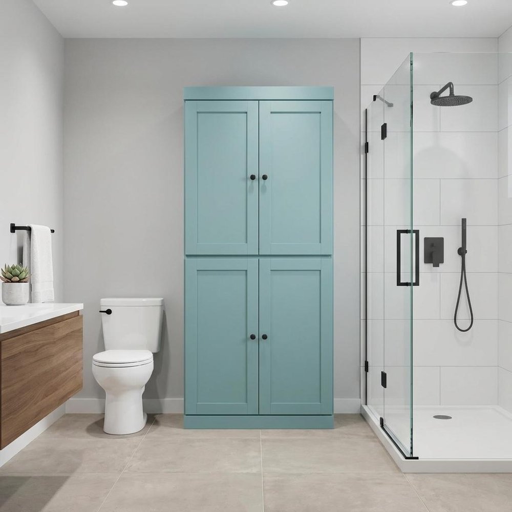 32" Aqua Solid Wood Four Door Linen Cabinet — view 5