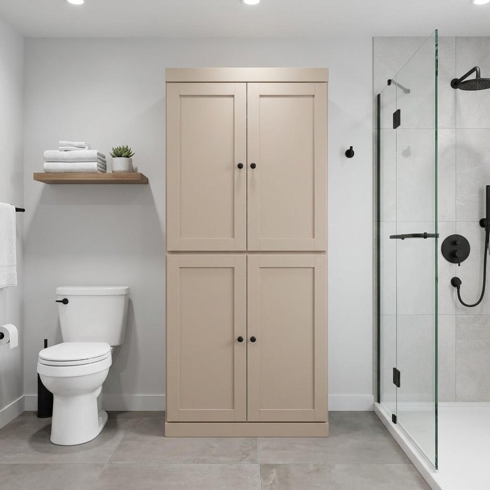 32" Beige Solid Wood Four Door Linen Cabinet — view 5