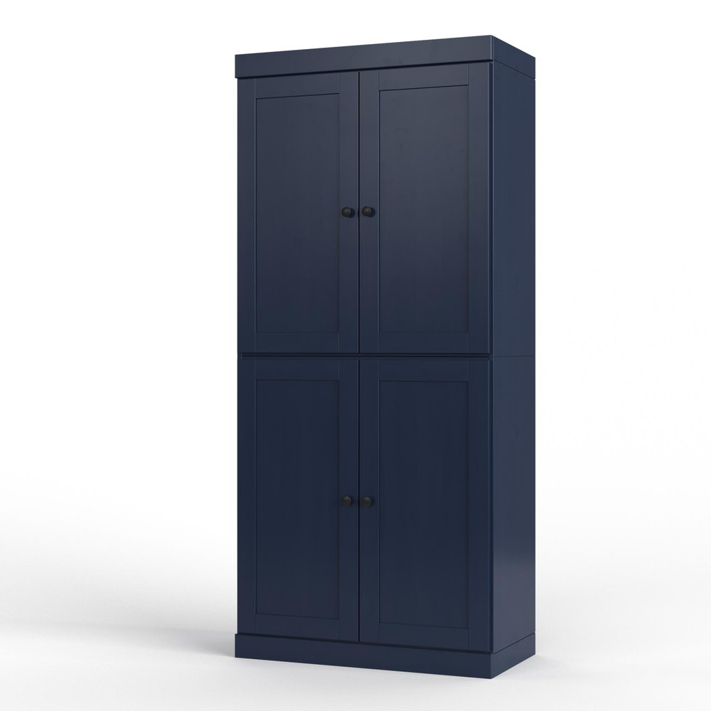 32" Navy Blue Solid Wood Four Door Linen Cabinet HomeRoots