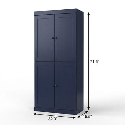 32" Navy Blue Solid Wood Four Door Linen Cabinet HomeRoots
