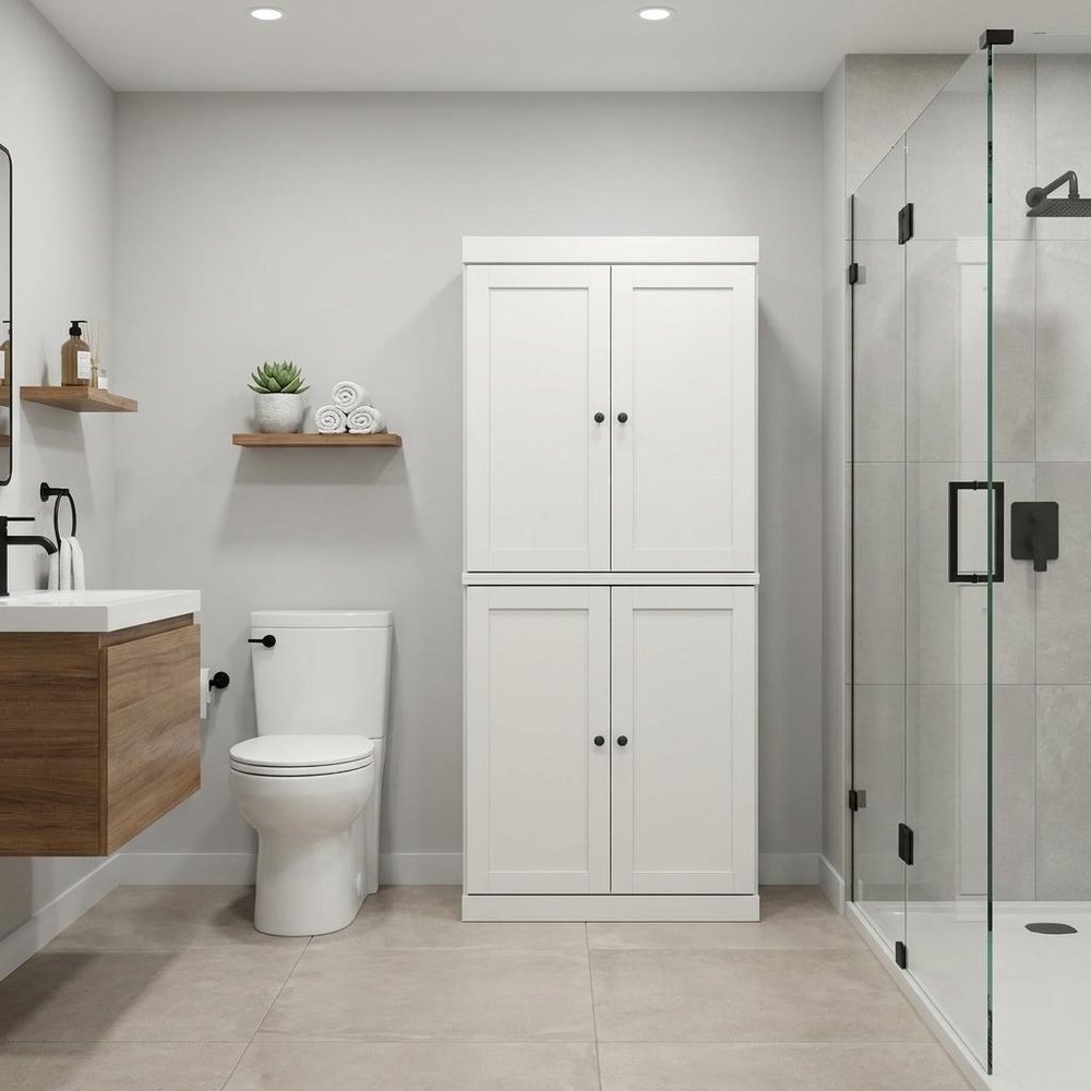 32" Off White Solid Wood Four Door Linen Cabinet
