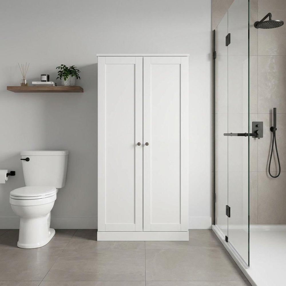 32" White Solid Wood Double Door Linen Cabinet — view 4