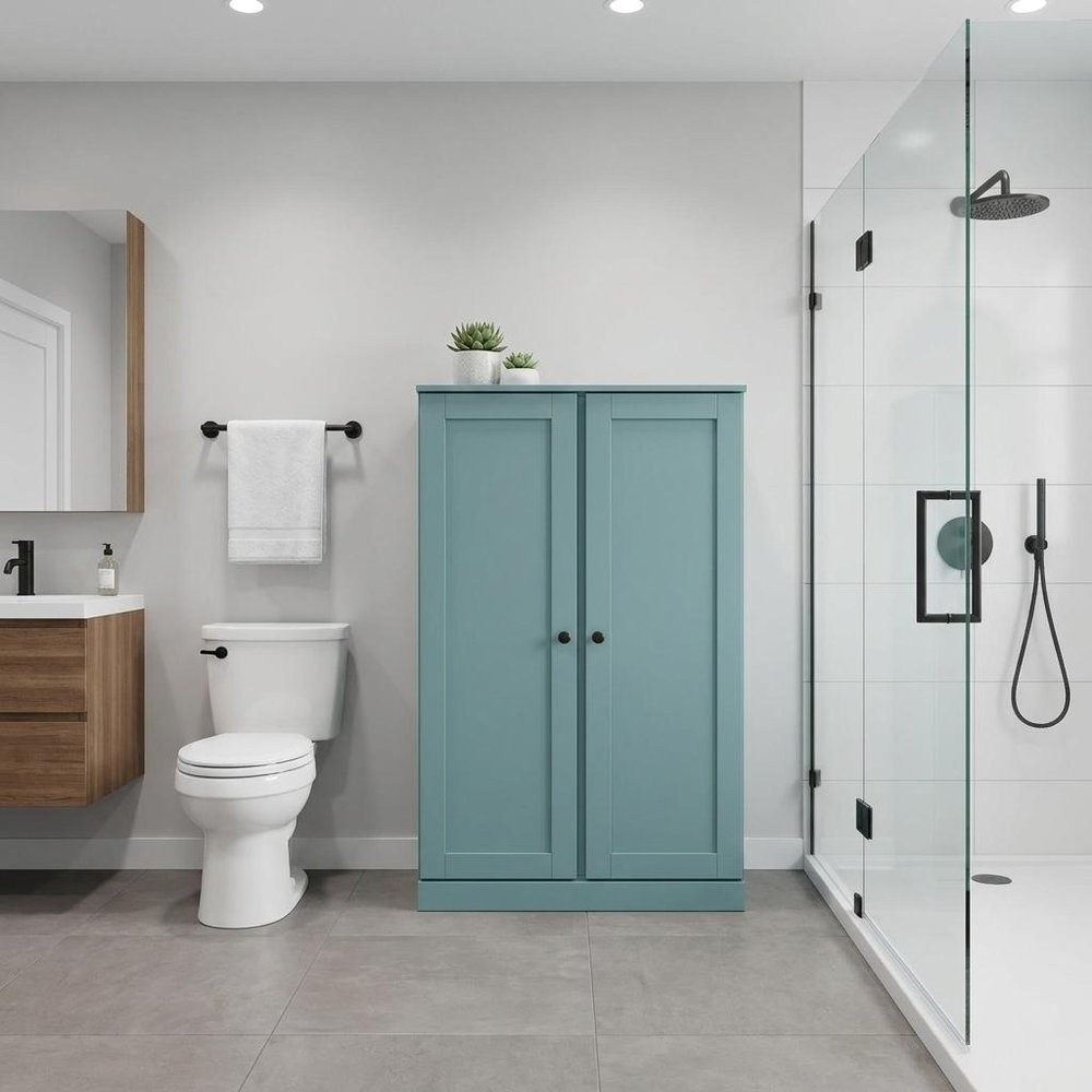 32" Aqua Solid Wood Double Door Linen Cabinet HomeRoots