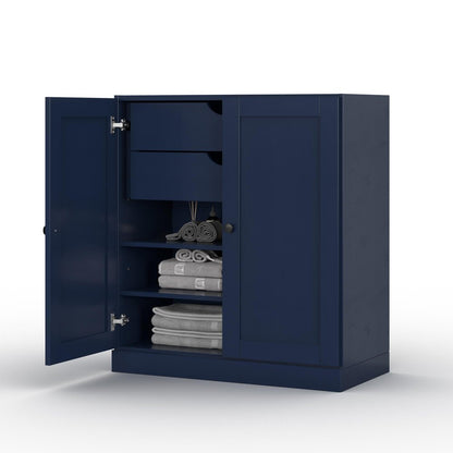 32" Navy Blue Solid Wood Double Door Linen Cabinet