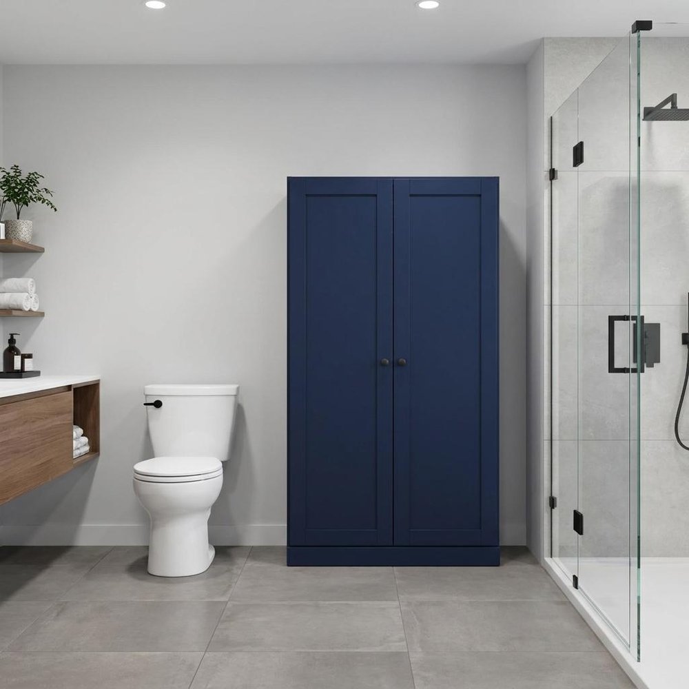 32" Navy Blue Solid Wood Double Door Linen Cabinet HomeRoots