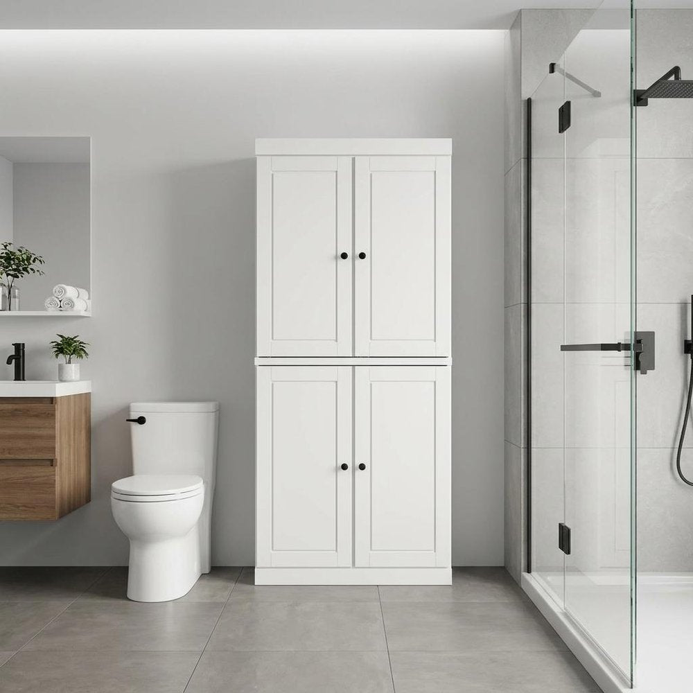 32" White Solid Wood Four Door Linen Cabinet — view 5