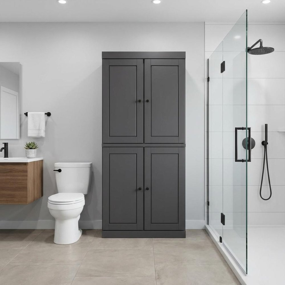 32" Gray Solid Wood Four Door Linen Cabinet — view 6