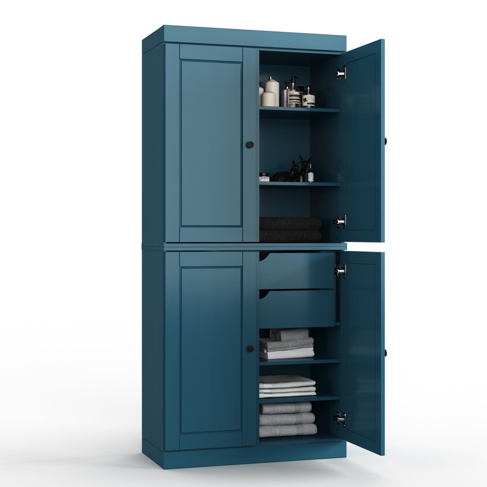 32" Teal Blue Solid Wood Four Door Linen Cabinet HomeRoots