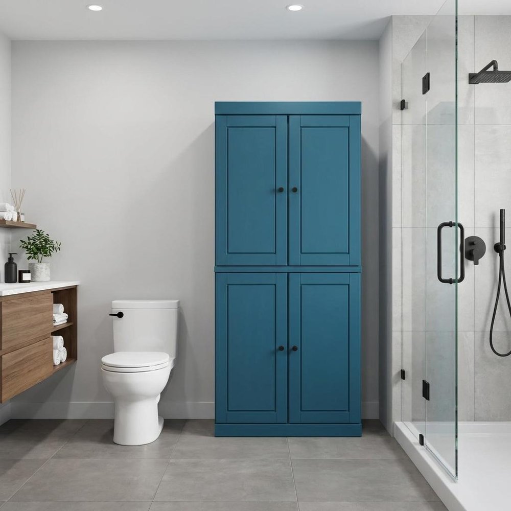 32" Teal Blue Solid Wood Four Door Linen Cabinet HomeRoots