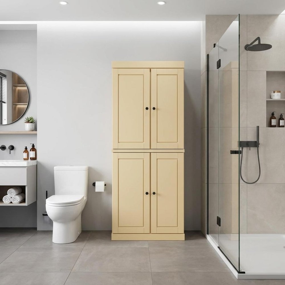 32" Yellow Solid Wood Four Door Linen Cabinet — view 5