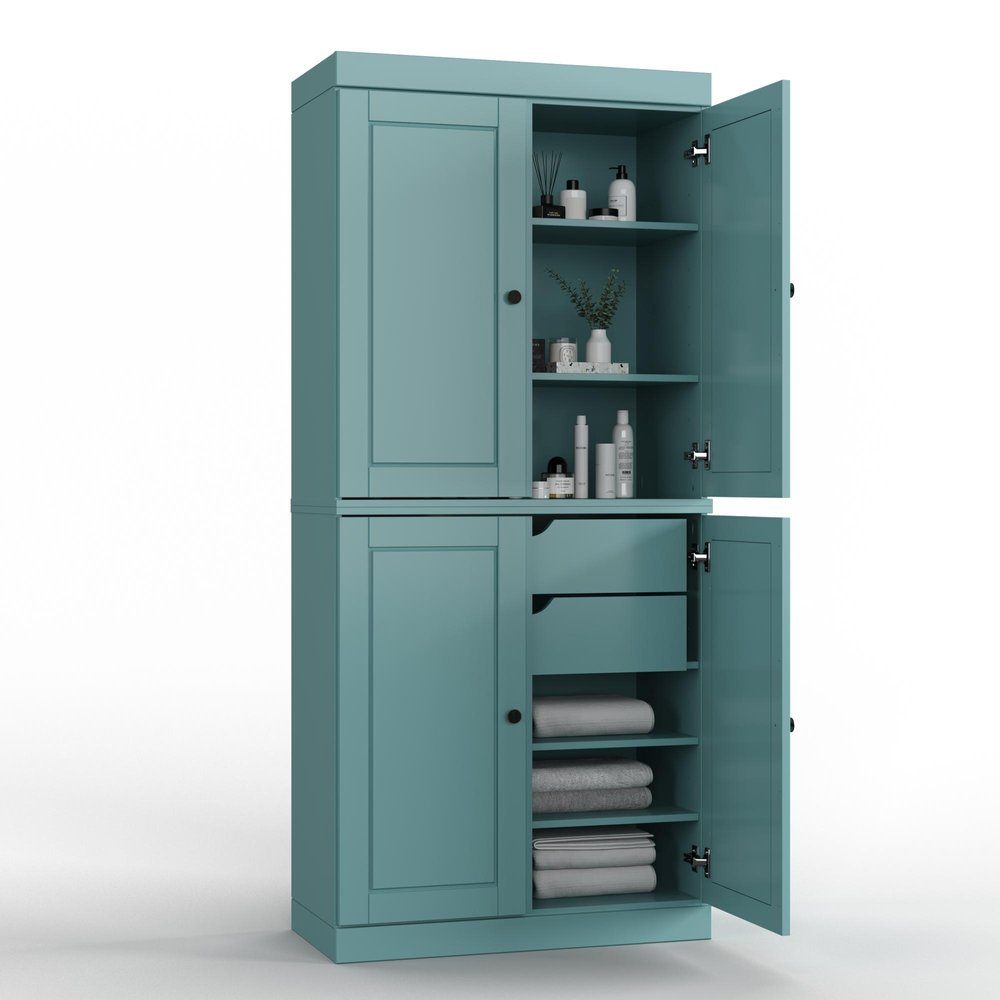 32" Aqua Solid Wood Four Door Linen Cabinet HomeRoots
