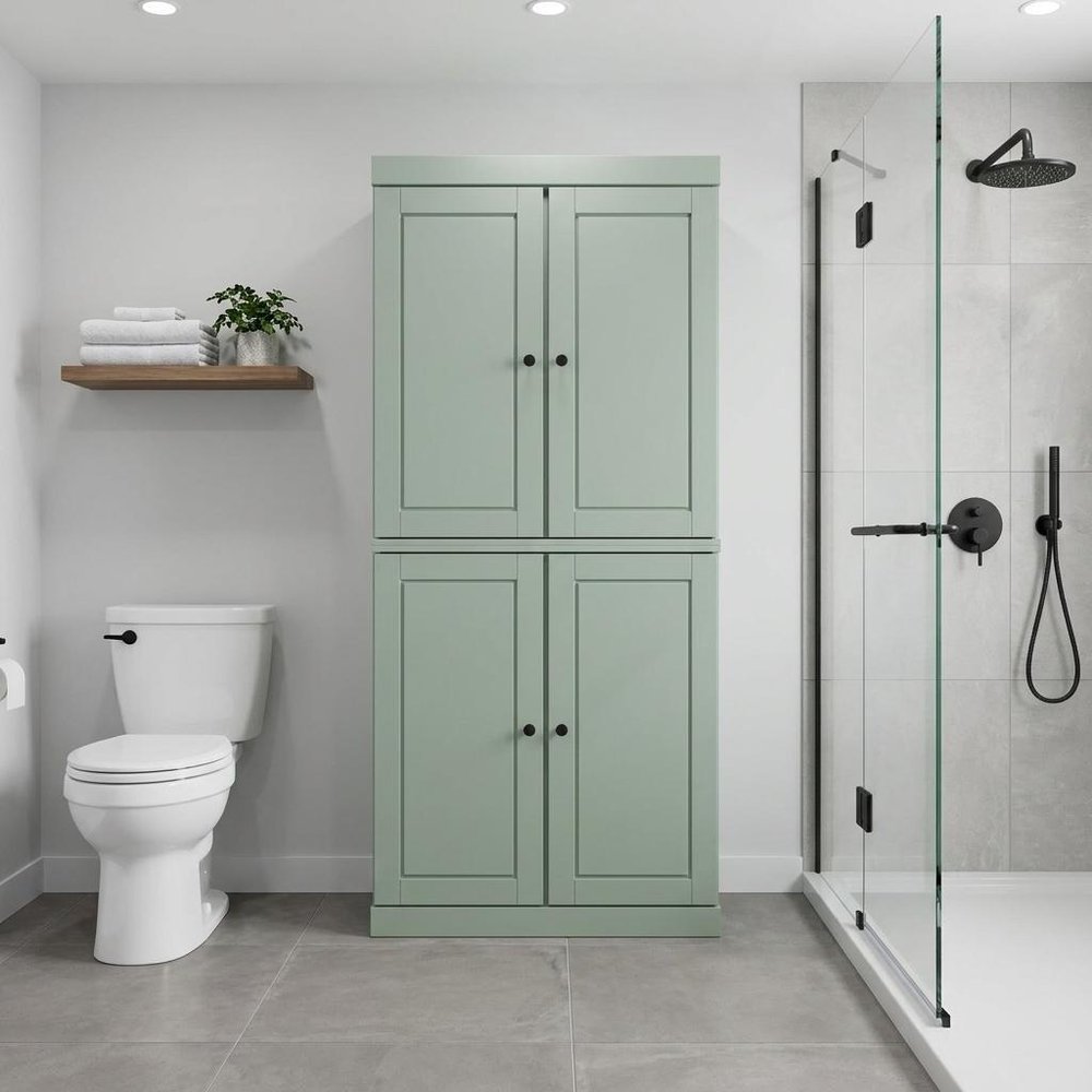 32" Sage Solid Wood Four Door Linen Cabinet HomeRoots