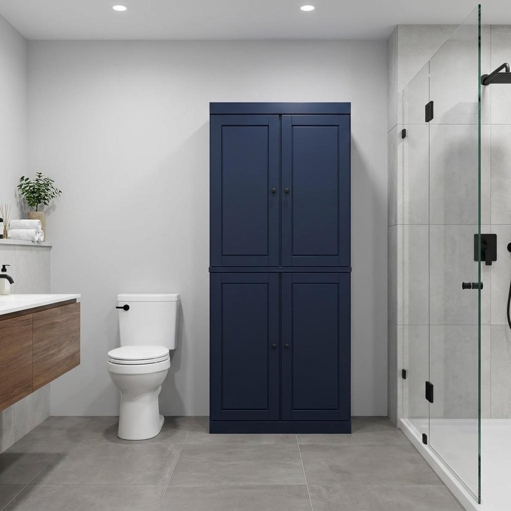 32" Navy Blue Solid Wood Four Door Linen Cabinet — view 4