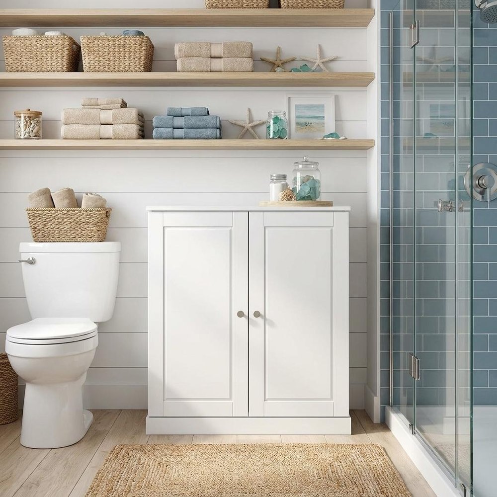 32" White Solid Wood Raised Panel Double Door Linen Cabinet — view 3