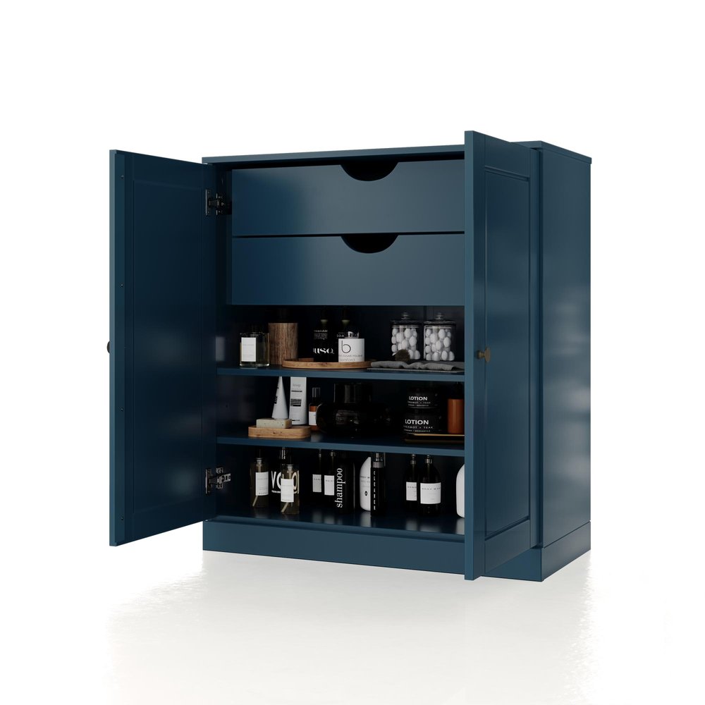 32" Teal Blue Solid Wood Double Door Linen Cabinet