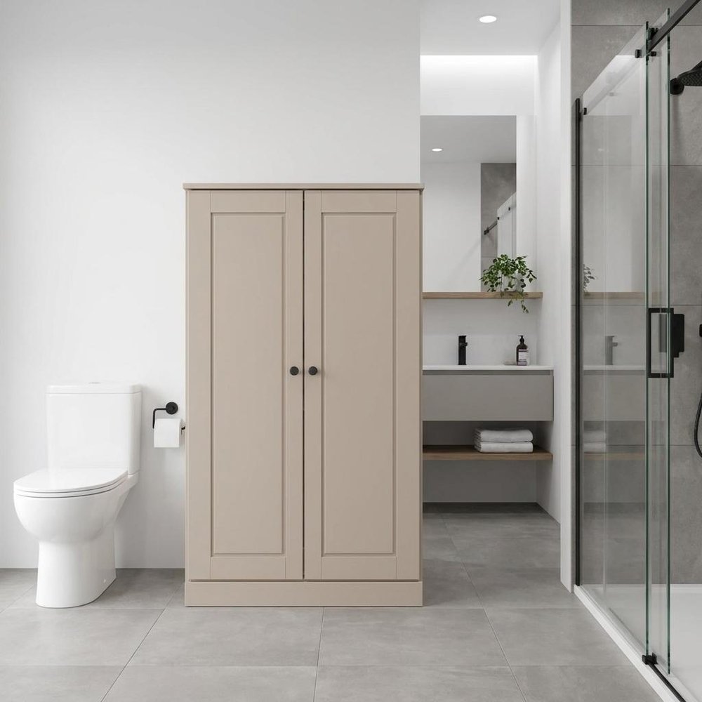 32" Beige Solid Wood Double Door Linen Cabinet HomeRoots