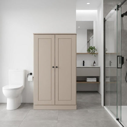 32" Beige Solid Wood Double Door Linen Cabinet