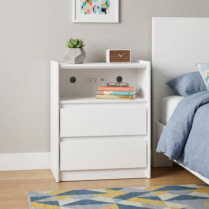 24" White Wood Two Drawer Nightstand with USB Port and Integrated Tech HomeRoots