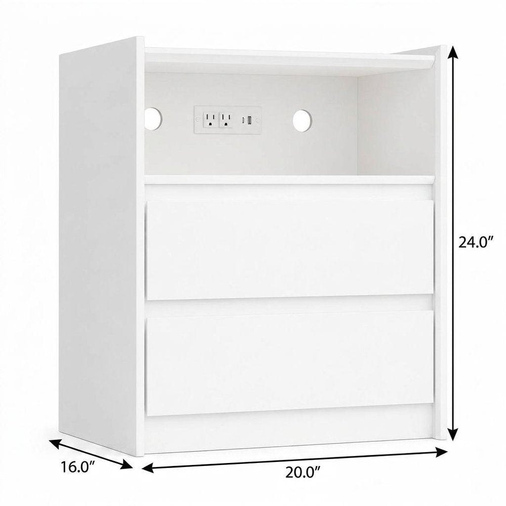 24" White Wood Two Drawer Nightstand with USB Port and Integrated Tech HomeRoots