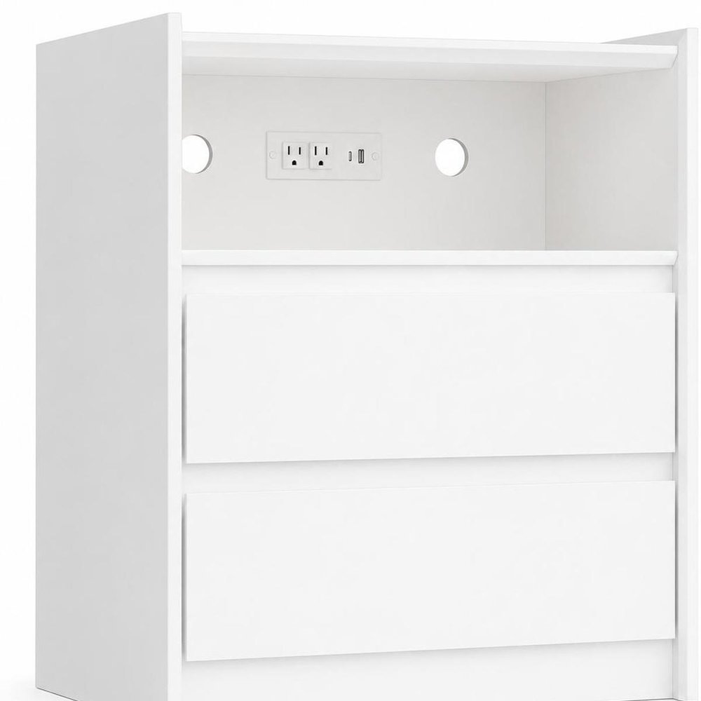24" White Wood Two Drawer Nightstand with USB Port and Integrated Tech HomeRoots