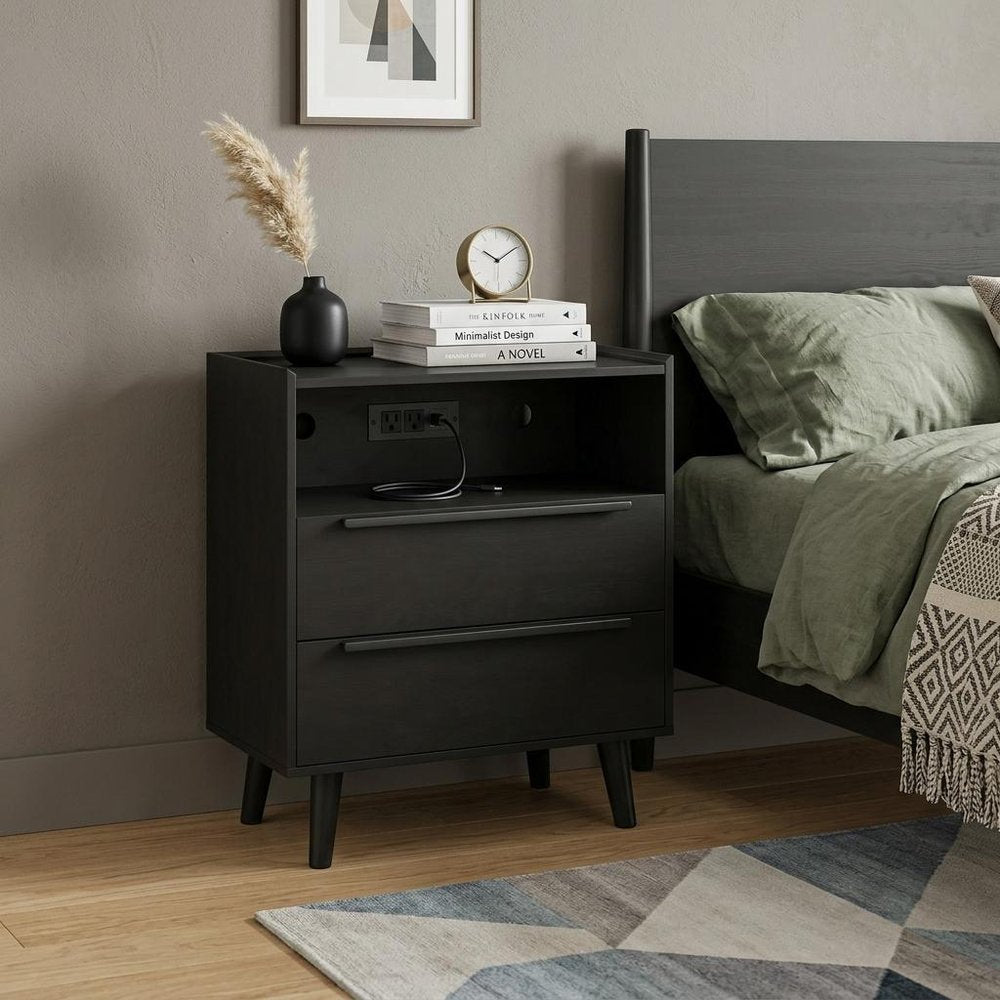 26" Black Wood Two Drawer Nightstand with USB Port and Integrated Tech — view 3