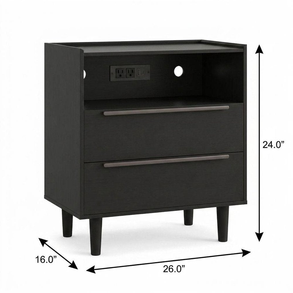 26" Black Wood Two Drawer Nightstand with USB Port and Integrated Tech — view 1