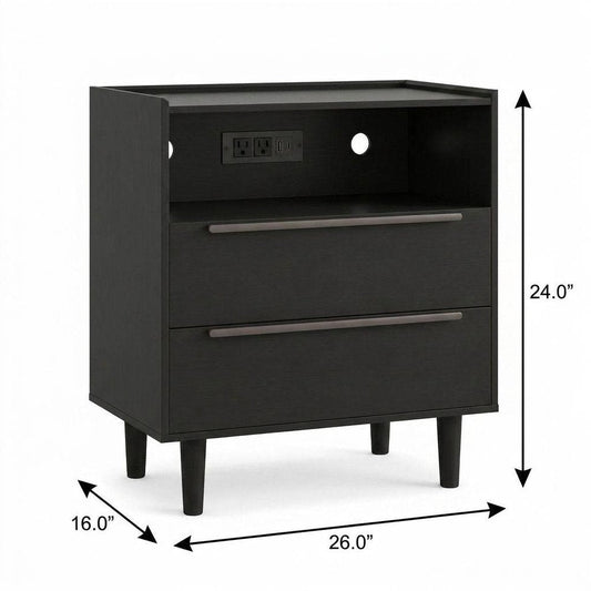 26" Black Wood Two Drawer Nightstand with USB Port and Integrated Tech