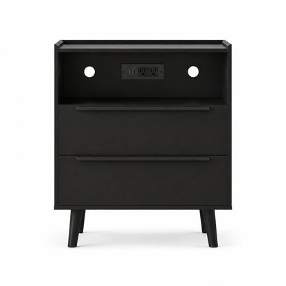 26" Black Wood Two Drawer Nightstand with USB Port and Integrated Tech