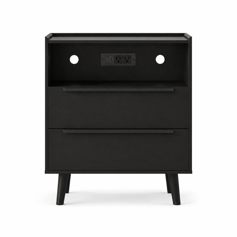 26" Black Wood Two Drawer Nightstand with USB Port and Integrated Tech — view 4