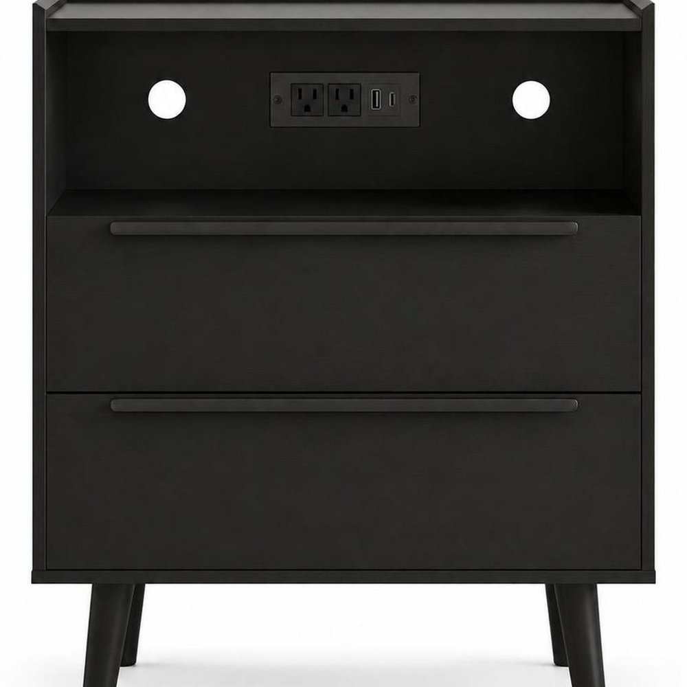 26" Black Wood Two Drawer Nightstand with USB Port and Integrated Tech — view 5