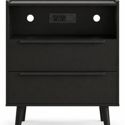 26" Black Wood Two Drawer Nightstand with USB Port and Integrated Tech HomeRoots